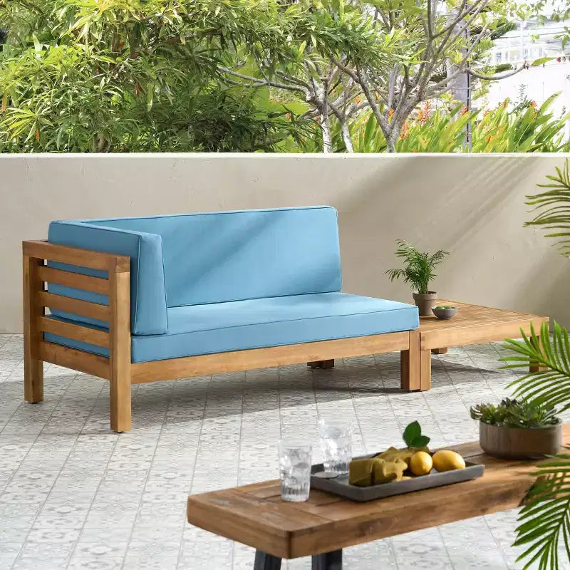 Christopher Knight Home Oana Outdoor Acacia Wood Left Arm Loveseat and Coffee Table Set with Cushion
