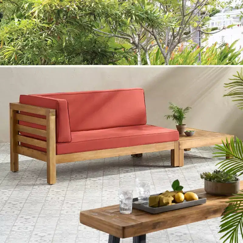 Christopher Knight Home Oana Outdoor Acacia Wood Left Arm Loveseat and Coffee Table Set with Cushion
