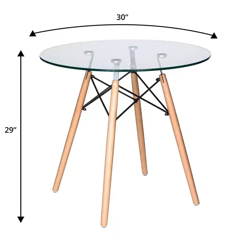 LeisureMod Dover 3-Piece Dining Set  31 Round Clear Glass Bistro Table with 2 Acrylic Chairs with Wooden Dowel Legs, Modern Kitchen, Dining Room