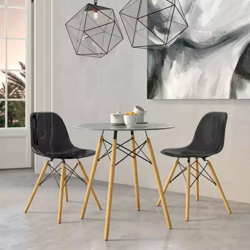 LeisureMod Dover 3-Piece Dining Set  31 Round Clear Glass Bistro Table with 2 Acrylic Chairs with Wooden Dowel Legs, Modern Kitchen, Dining Room