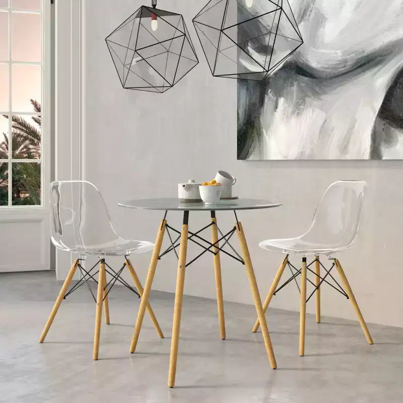 LeisureMod Dover 3-Piece Dining Set  31 Round Clear Glass Bistro Table with 2 Acrylic Chairs with Wooden Dowel Legs, Modern Kitchen, Dining Room