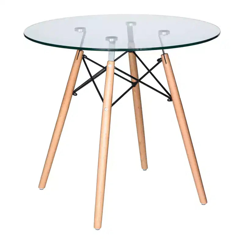 LeisureMod Dover 3-Piece Dining Set  31 Round Clear Glass Bistro Table with 2 Acrylic Chairs with Wooden Dowel Legs, Modern Kitchen, Dining Room