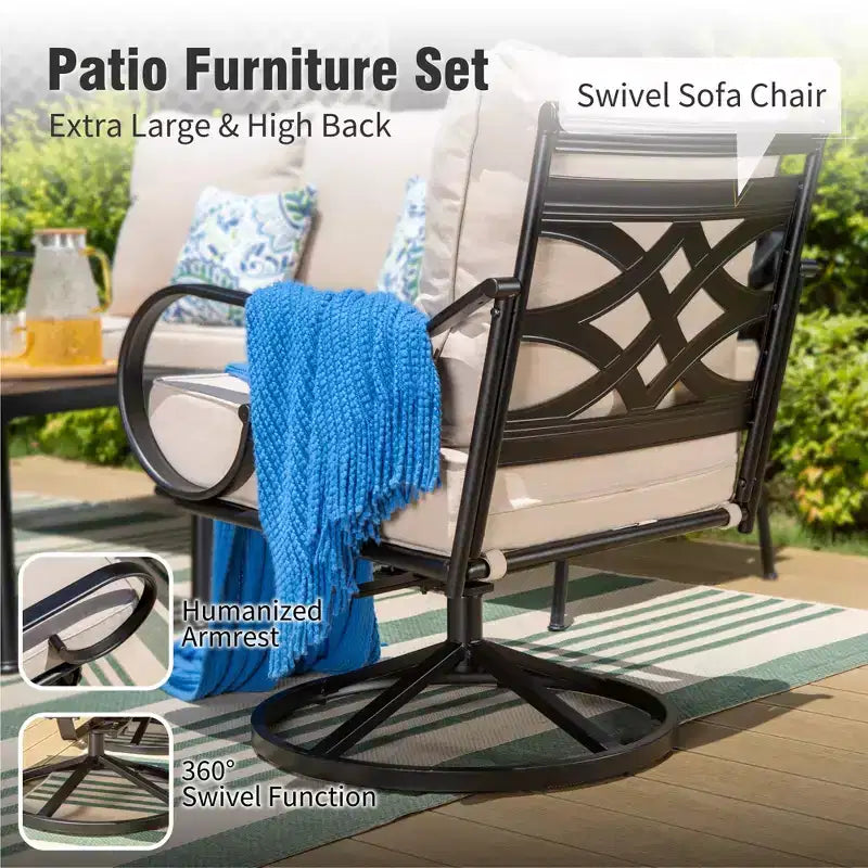 Captiva Designs 4pc extra large metal outdoor patio conversation set with swivel pattern-back chairs and coffee table