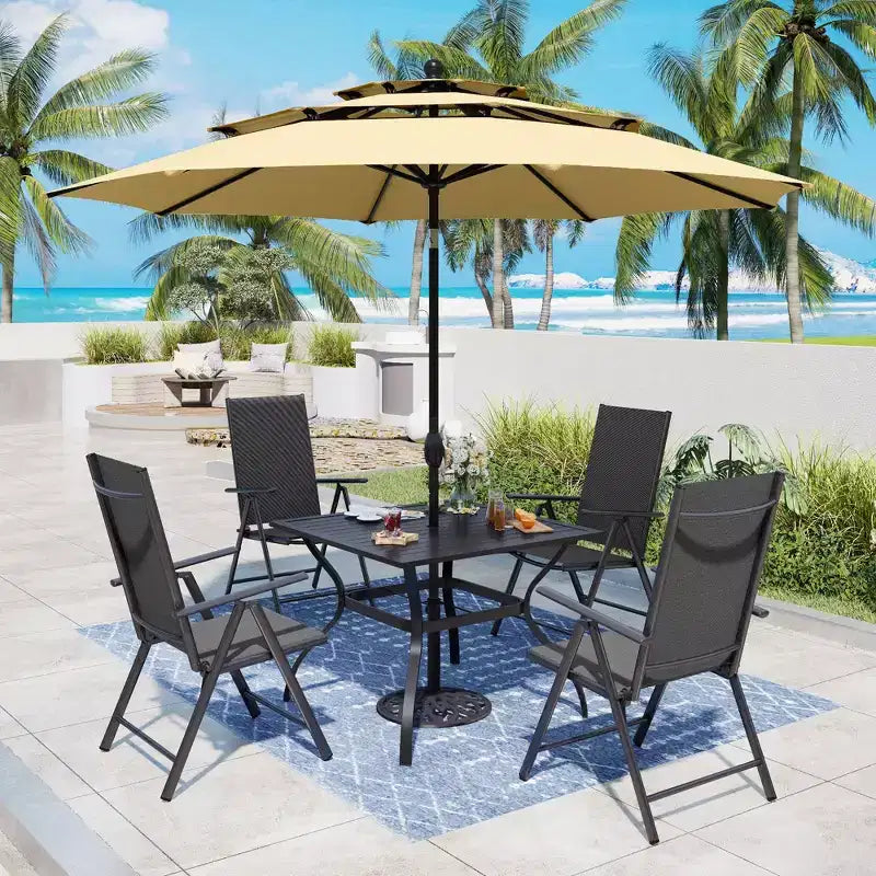 Captiva Designs 6pc Patio Slat-top Square Table & Textilene Reclining Foldable Chairs & Market Umbrella