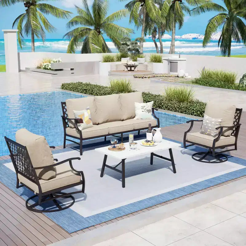 Captiva Designs 4pc Patio Outdoor Conversation Set with Swivel Grid-back Chairs for Garden, Poolside, Backyard