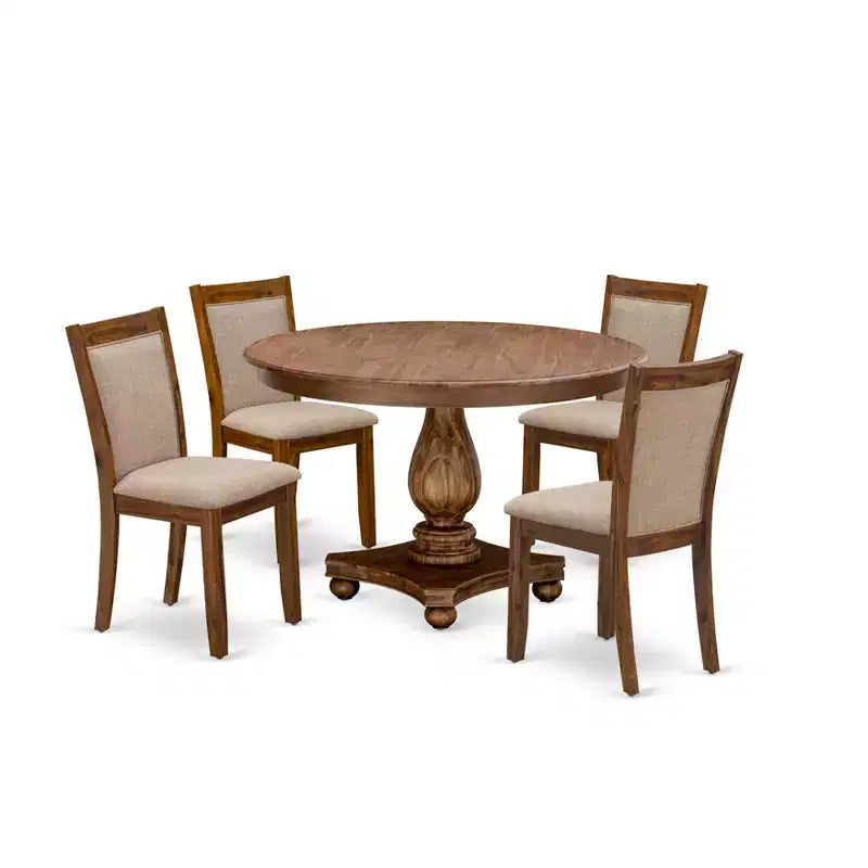 HomeStock Round Dining Table Set 4 Linen Fabric Chairs Antique Walnut Kitchen Set