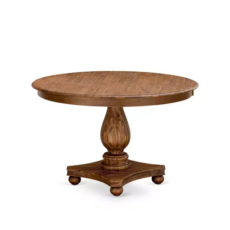 HomeStock Round Dining Table Set 4 Linen Fabric Chairs Antique Walnut Kitchen Set