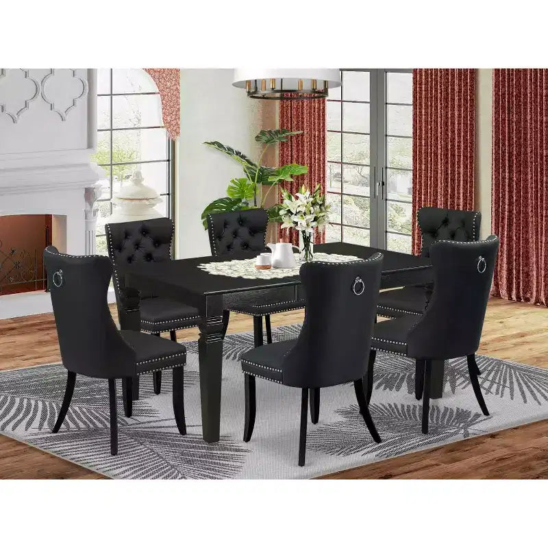 HomeStock Kitchen Dining Table Set Rectangle Table 6 Chairs Black Dark Gray