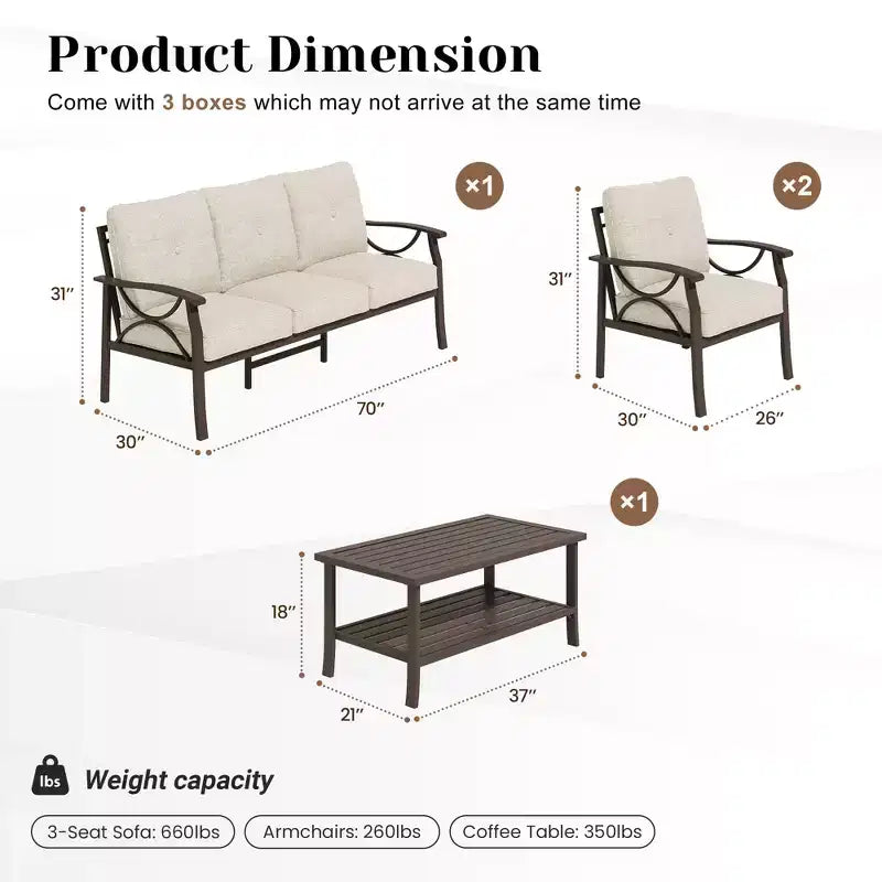 Heynemo Outdoor Patio Furniture Set, 4 Piece Patio Conversation Set with Coffee Table, Metal Furniture Set for Porch Backyard Garden, Grey