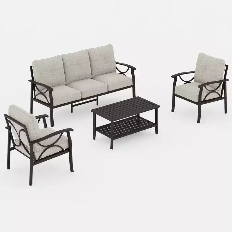 Heynemo Outdoor Patio Furniture Set, 4 Piece Patio Conversation Set with Coffee Table, Metal Furniture Set for Porch Backyard Garden, Grey