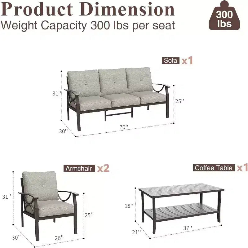 Heynemo Outdoor Patio Furniture Set, 4 Piece Patio Conversation Set with Coffee Table, Metal Furniture Set for Porch Backyard Garden, Grey