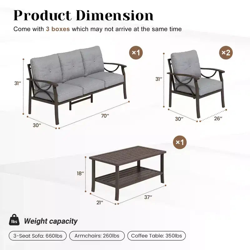 Heynemo Outdoor Patio Furniture Set, 4 Piece Patio Conversation Set with Coffee Table, Metal Furniture Set for Porch Backyard Garden, Grey