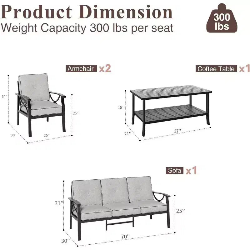 Heynemo Outdoor Patio Furniture Set, 4 Piece Patio Conversation Set with Coffee Table, Metal Furniture Set for Porch Backyard Garden, Grey