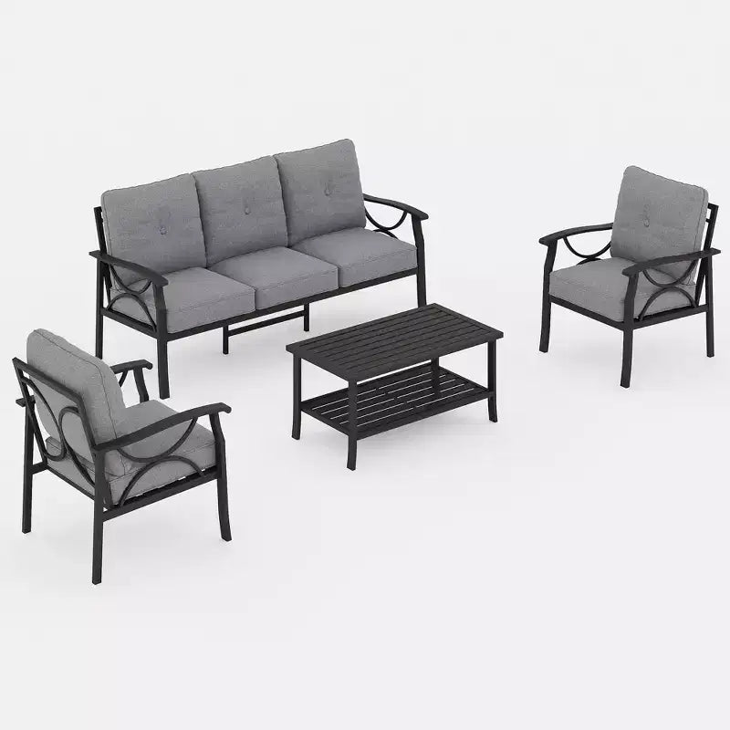 Heynemo Outdoor Patio Furniture Set, 4 Piece Patio Conversation Set with Coffee Table, Metal Furniture Set for Porch Backyard Garden, Grey