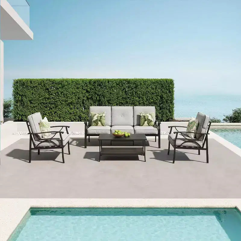 Heynemo Outdoor Patio Furniture Set, 4 Piece Patio Conversation Set with Coffee Table, Metal Furniture Set for Porch Backyard Garden, Grey