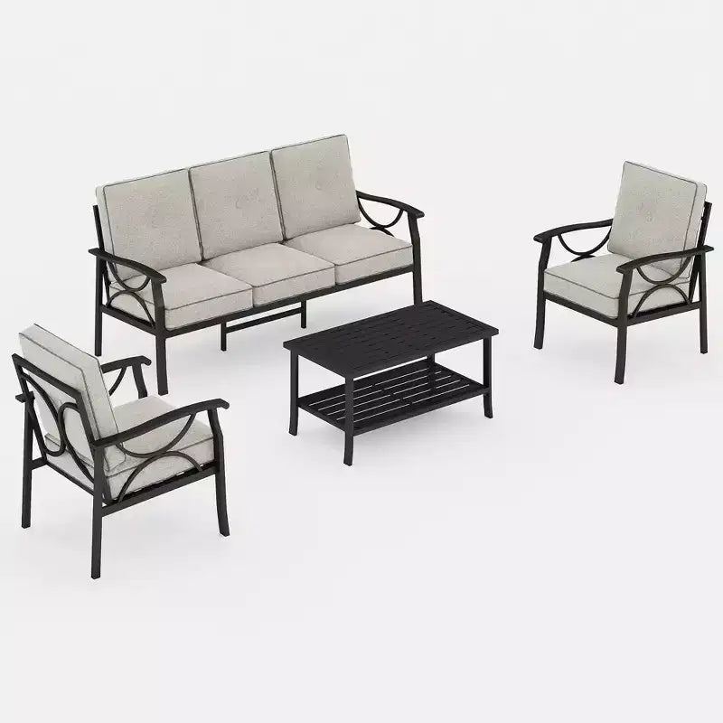 Heynemo Outdoor Patio Furniture Set, 4 Piece Patio Conversation Set with Coffee Table, Metal Furniture Set for Porch Backyard Garden, Grey