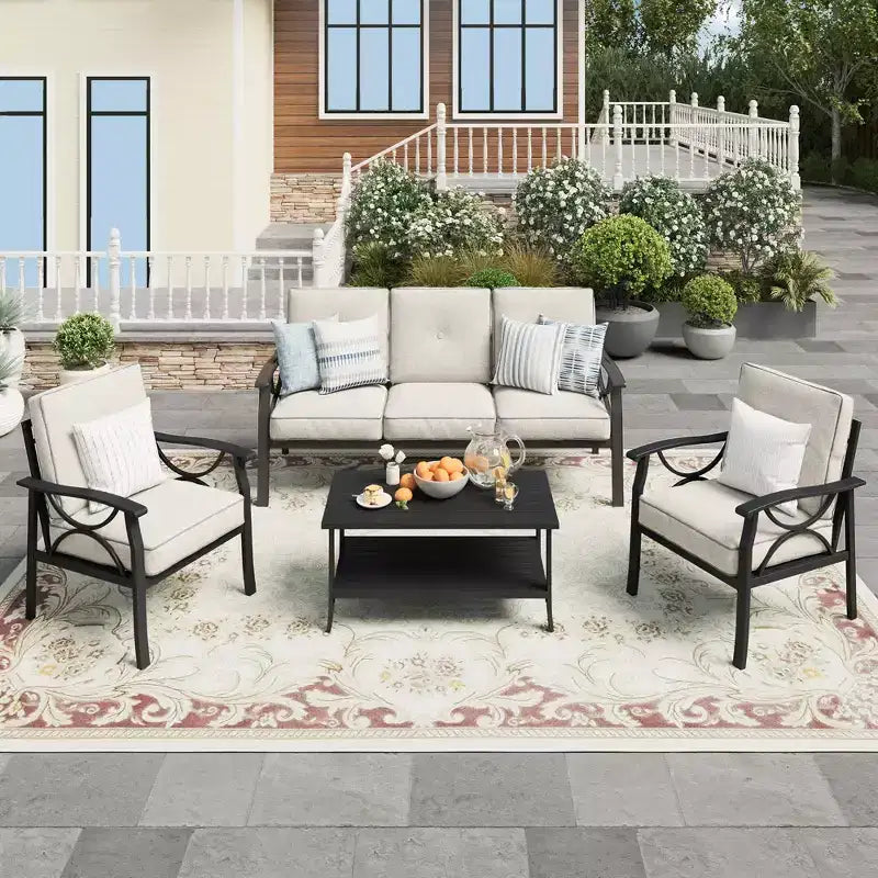 Heynemo Outdoor Patio Furniture Set, 4 Piece Patio Conversation Set with Coffee Table, Metal Furniture Set for Porch Backyard Garden, Grey