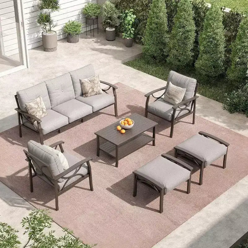 Heynemo Outdoor Patio Furniture Set, 6 Piece Patio Conversation Set with Coffee Table and Ottomans, Metal Furniture Set for Porch Backyard, Coffee