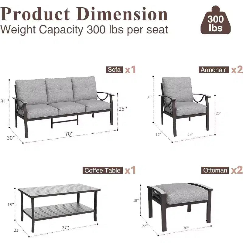 Heynemo Outdoor Patio Furniture Set, 6 Piece Patio Conversation Set with Coffee Table and Ottomans, Metal Furniture Set for Porch Backyard, Coffee
