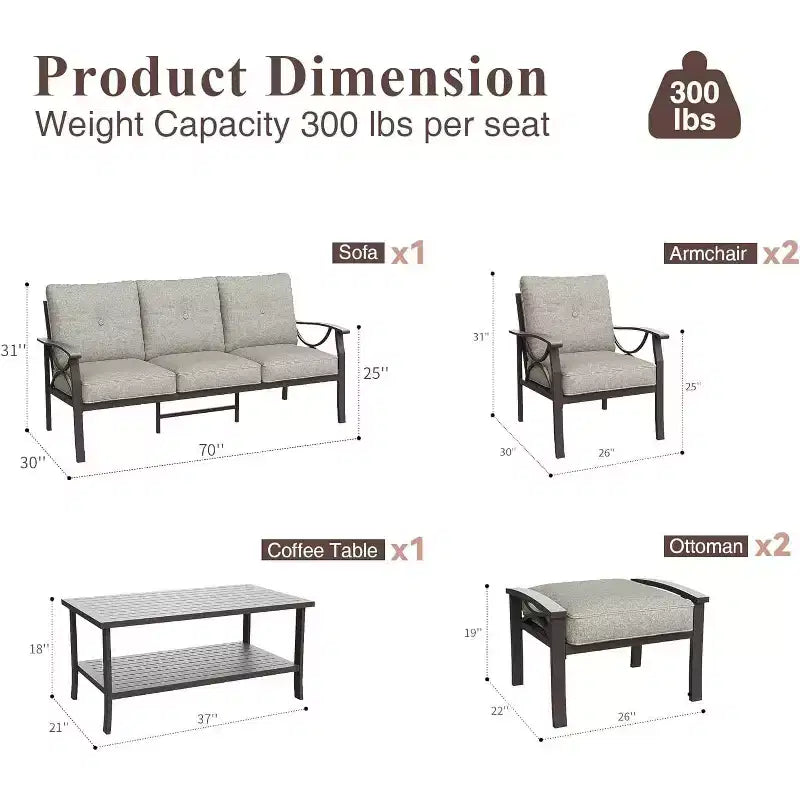 Heynemo Outdoor Patio Furniture Set, 6 Piece Patio Conversation Set with Coffee Table and Ottomans, Metal Furniture Set for Porch Backyard, Coffee