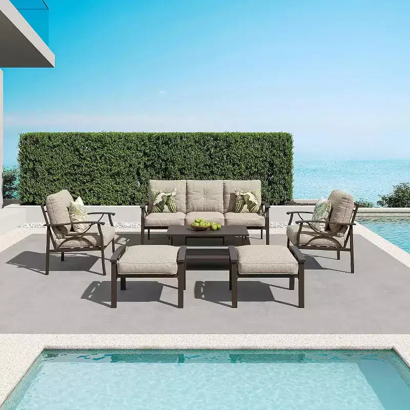 Heynemo Outdoor Patio Furniture Set, 6 Piece Patio Conversation Set with Coffee Table and Ottomans, Metal Furniture Set for Porch Backyard, Coffee