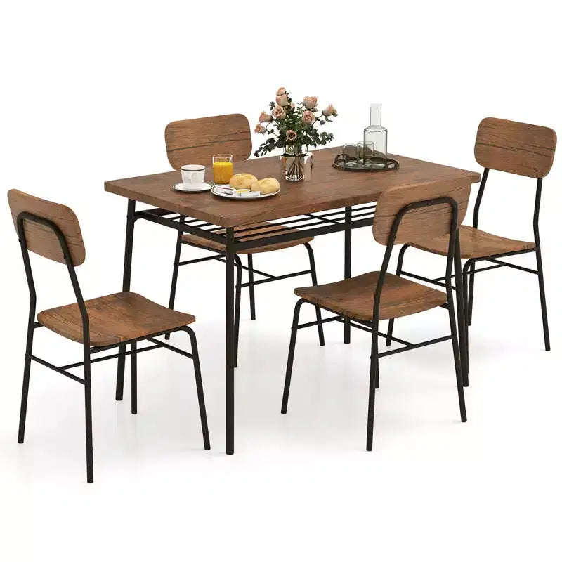 Costway 5 PCS Wood Square Kitchen Table & Chair Set with Metal Frame Storage Rack