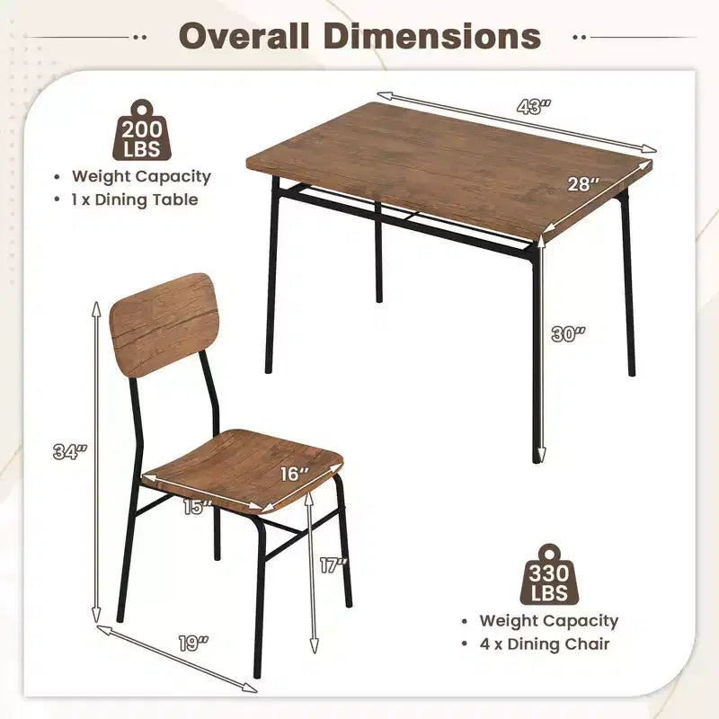 Costway 5 PCS Wood Square Kitchen Table & Chair Set with Metal Frame Storage Rack