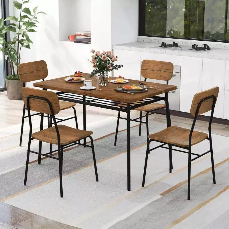 Costway 5 PCS Wood Square Kitchen Table & Chair Set with Metal Frame Storage Rack