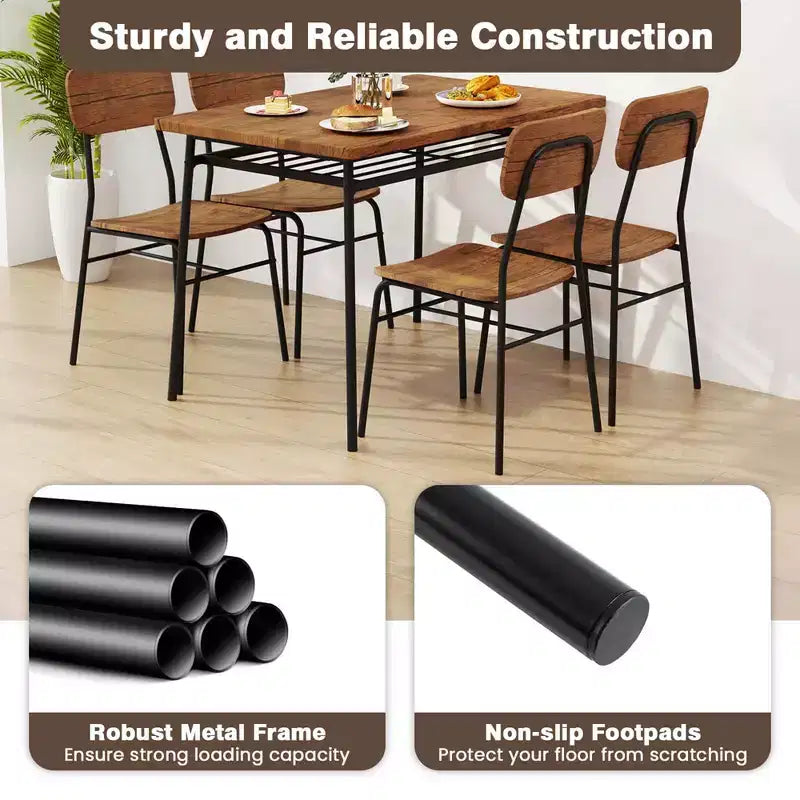 Costway 5 PCS Wood Square Kitchen Table & Chair Set with Metal Frame Storage Rack