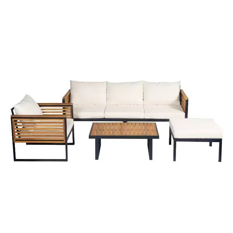 Christopher Knight Home Faye 4 Piece Patio Acacia and Metal Upholstered Seating Set with Slat Design