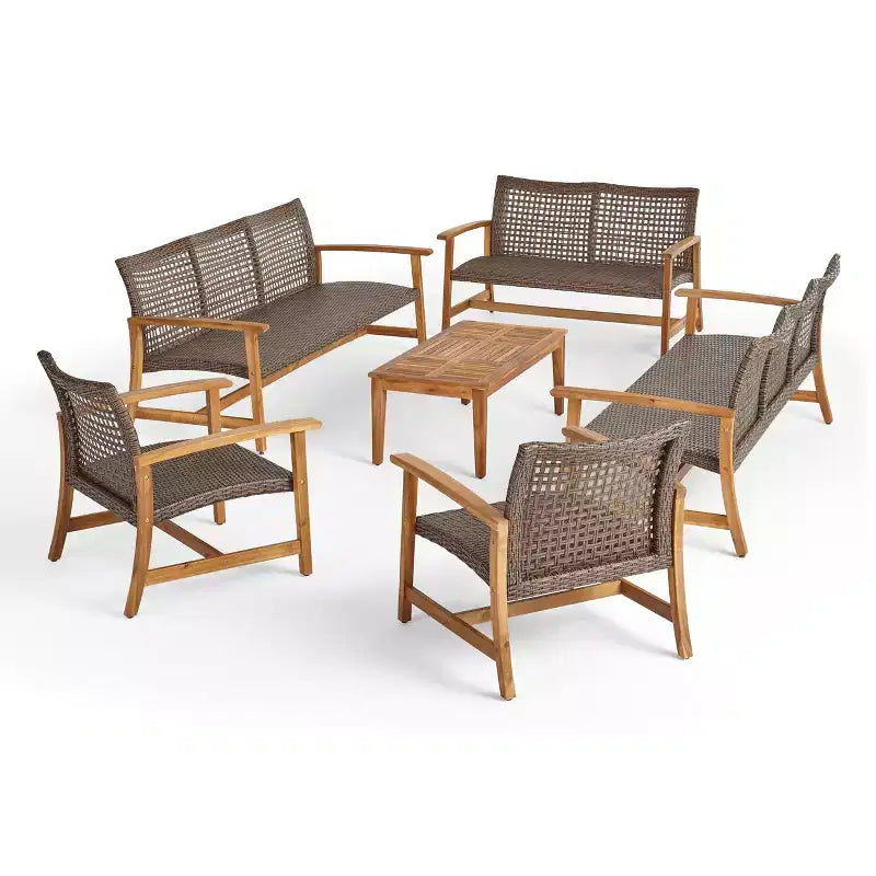 Christopher Knight Home Hampton Outdoor Acacia Wood and Wicker 10 Seater Sofa and Loveseat Chat Set