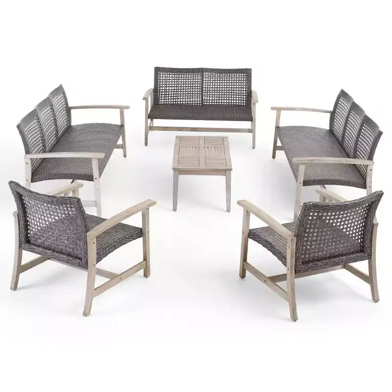 Christopher Knight Home Hampton Outdoor Acacia Wood and Wicker 10 Seater Sofa and Loveseat Chat Set