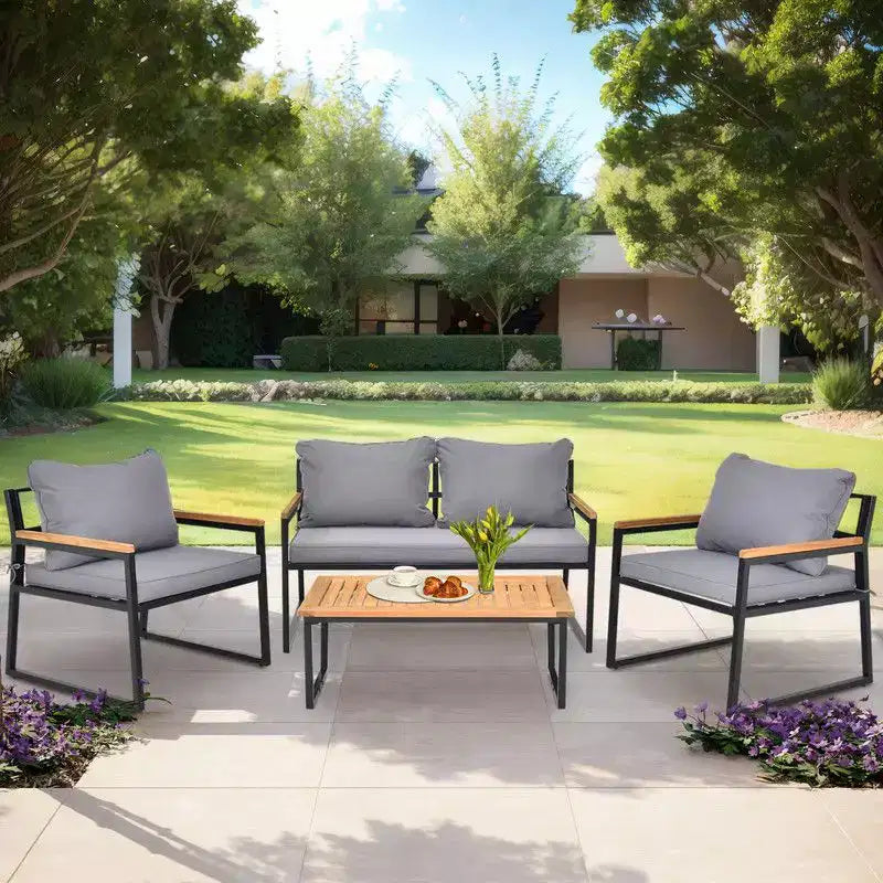 Karl Home Patio 4-Piece Acacia Wood Armrest & Table Top Conversation Set with Cushions