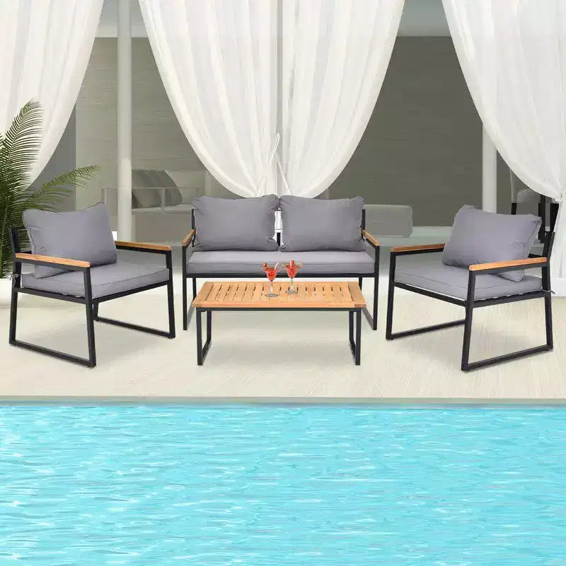 Karl Home Patio 4-Piece Acacia Wood Armrest & Table Top Conversation Set with Cushions