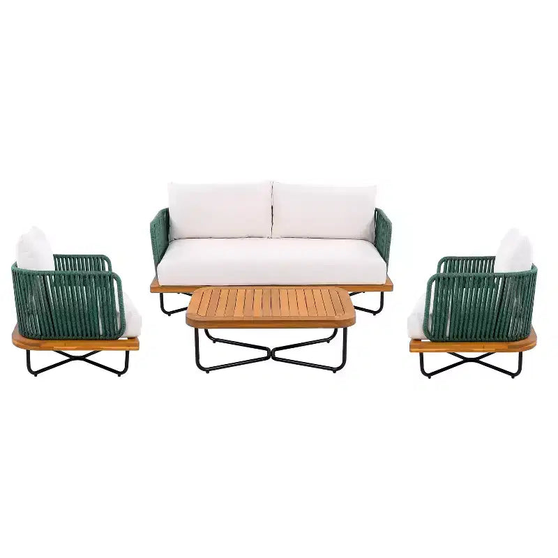 Christopher Knight Home Galen 4 Piece Outdoor Rope Woven Acacia and Iron Frame Upholstered Seating Set