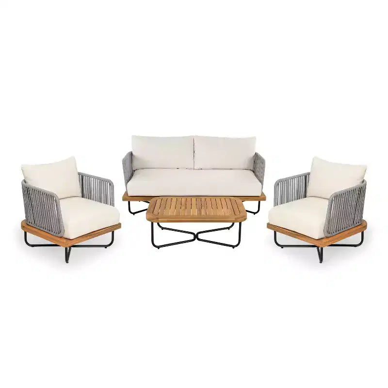 Christopher Knight Home Galen 4 Piece Outdoor Rope Woven Acacia and Iron Frame Upholstered Seating Set