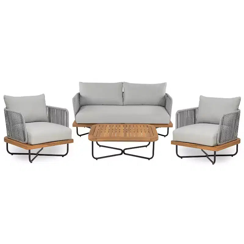 Christopher Knight Home Galen 4 Piece Outdoor Rope Woven Acacia and Iron Frame Upholstered Seating Set
