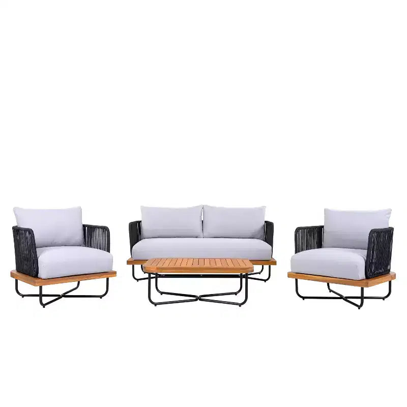 Christopher Knight Home Galen 4 Piece Outdoor Rope Woven Acacia and Iron Frame Upholstered Seating Set