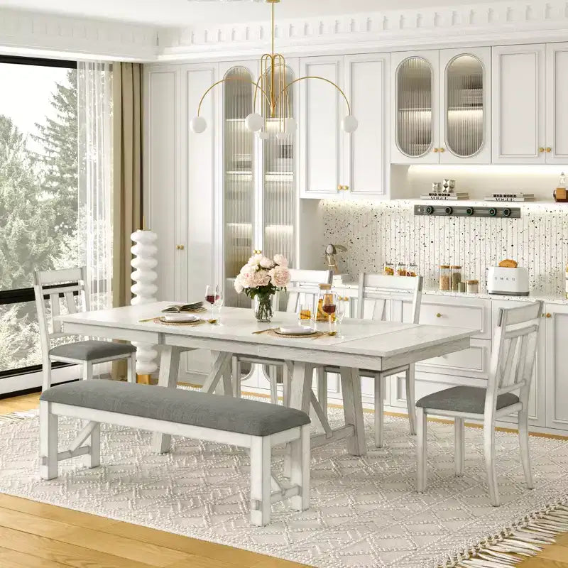 VECELO Rustic 6-Piece Extendable Dining Table Set, Rubber Wood Table with 4 Armless Upholstered Dining Chairs and Bench for Kitchen, Gray