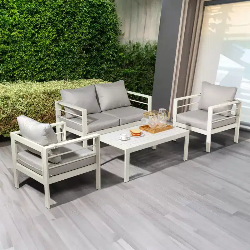 Karl Home White 4-Piece Aluminum Patio Conversation Set with Light Gray Cushions