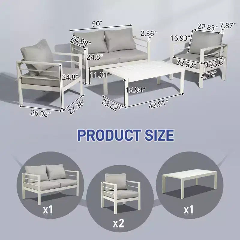Karl Home White 4-Piece Aluminum Patio Conversation Set with Light Gray Cushions