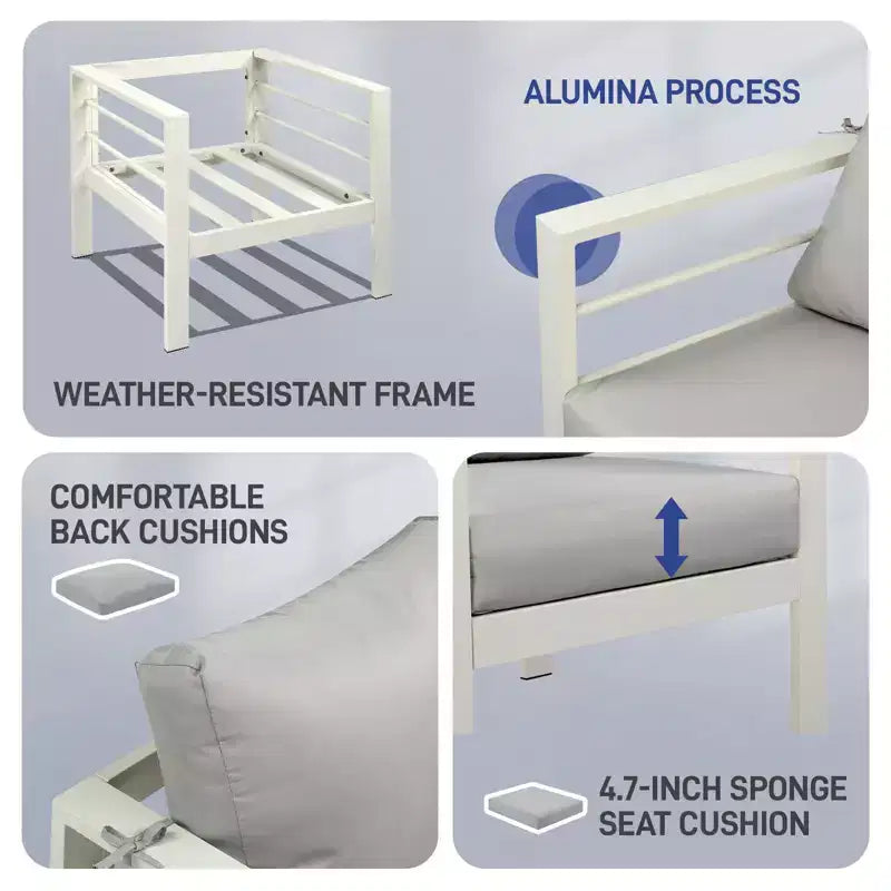 Karl Home White 4-Piece Aluminum Patio Conversation Set with Light Gray Cushions