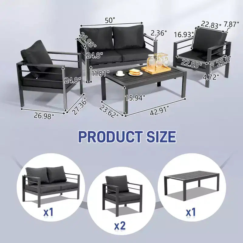 Karl Home Dark Gray 4-Piece Aluminum Patio Conversation Set with Dark Gray Cushions