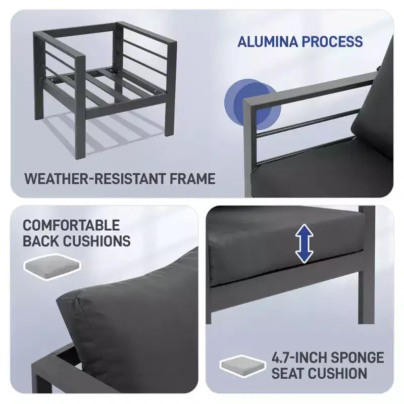 Karl Home Dark Gray 4-Piece Aluminum Patio Conversation Set with Dark Gray Cushions