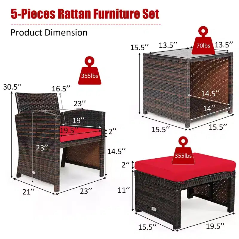Costway 5PCS Patio Rattan Wicker Furniture Set Sofa Ottoman W/ Cushions