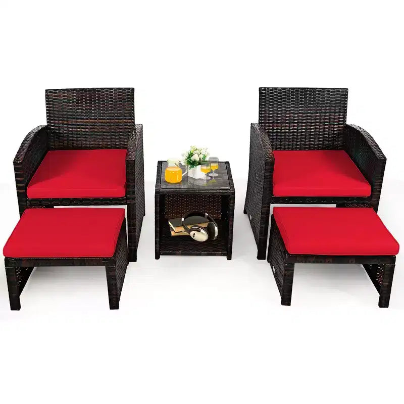 Costway 5PCS Patio Rattan Wicker Furniture Set Sofa Ottoman W/ Cushions