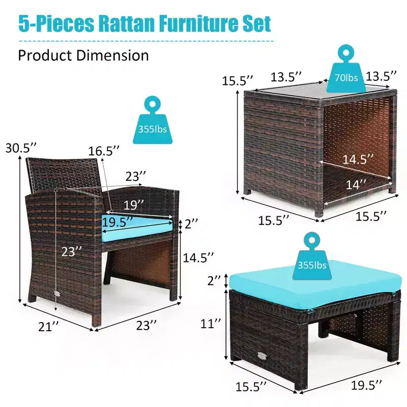 Costway 5PCS Patio Rattan Wicker Furniture Set Sofa Ottoman W/ Cushions