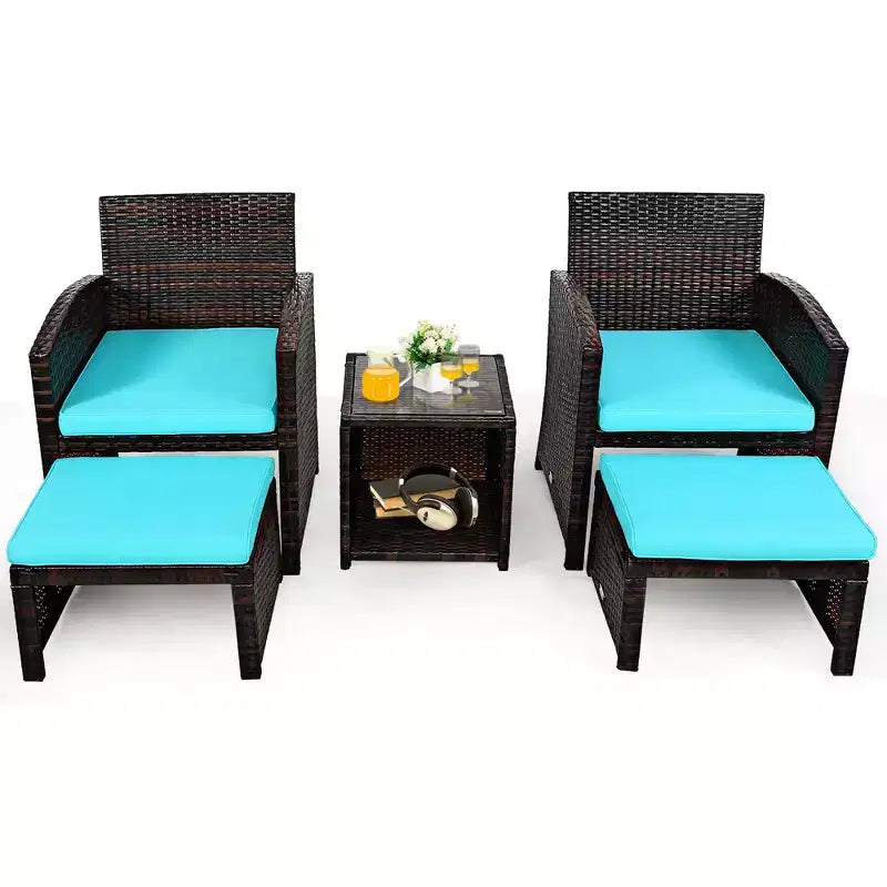 Costway 5PCS Patio Rattan Wicker Furniture Set Sofa Ottoman W/ Cushions