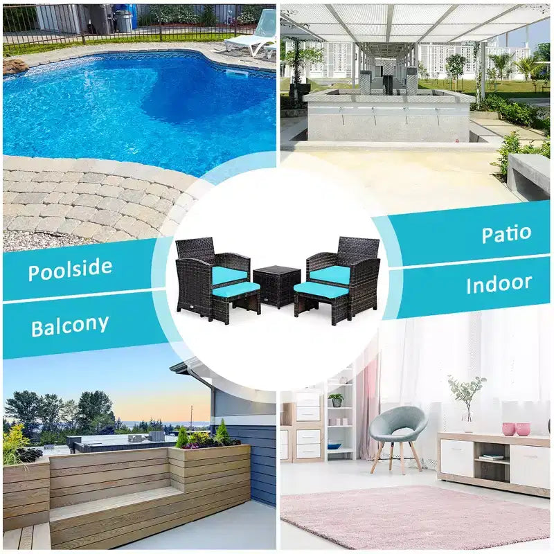 Costway 5PCS Patio Rattan Wicker Furniture Set Sofa Ottoman W/ Cushions