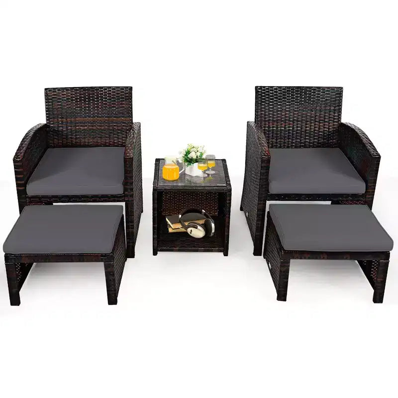 Costway 5PCS Patio Rattan Wicker Furniture Set Sofa Ottoman W/ Cushions